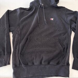 Vintage Champion Reverse Weave Solid Black Logo Hood Size Medium